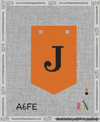 A taped needlepoint canvas with the design: Banner 13 mesh count Pointed J Black on Orange.