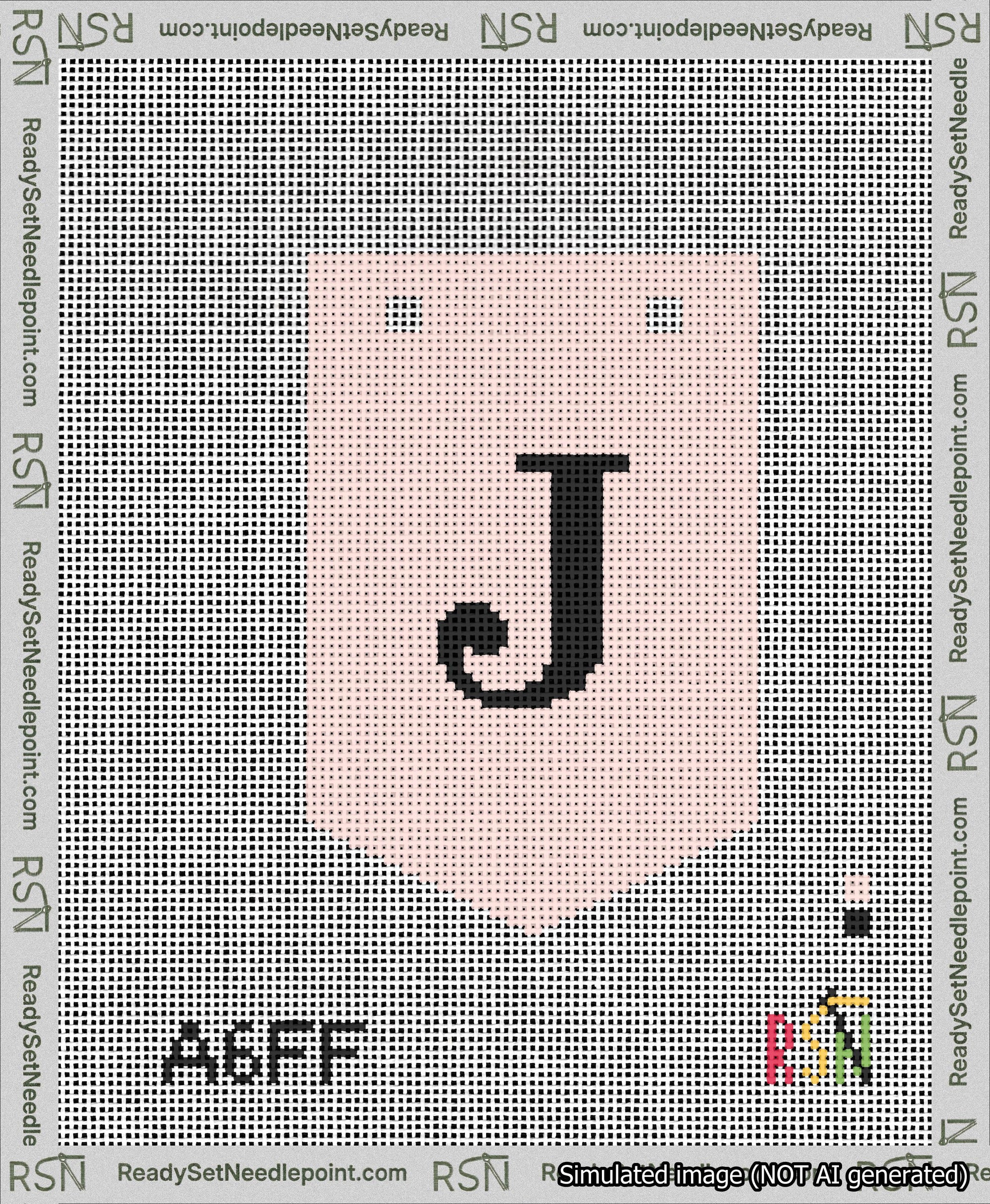A taped needlepoint canvas with the design: Banner 13 mesh count Pointed J Black on Pink.