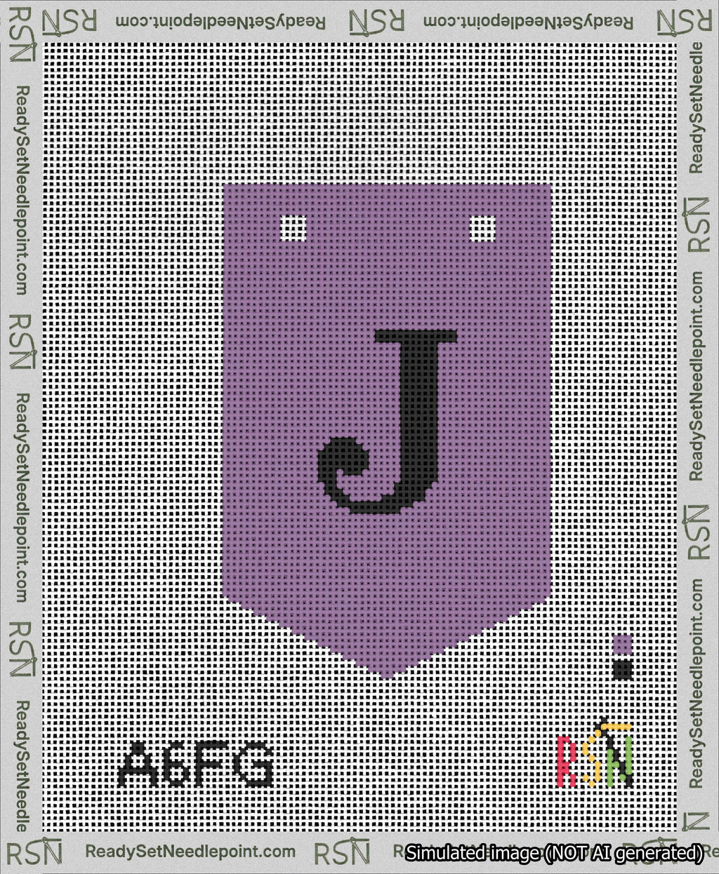 A taped needlepoint canvas with the design: Banner 13 mesh count Pointed J Black on Purple.