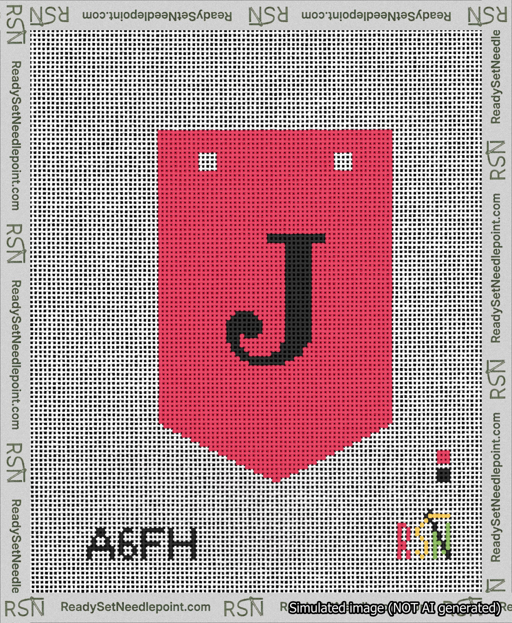 A taped needlepoint canvas with the design: Banner 13 mesh count Pointed J Black on Red.
