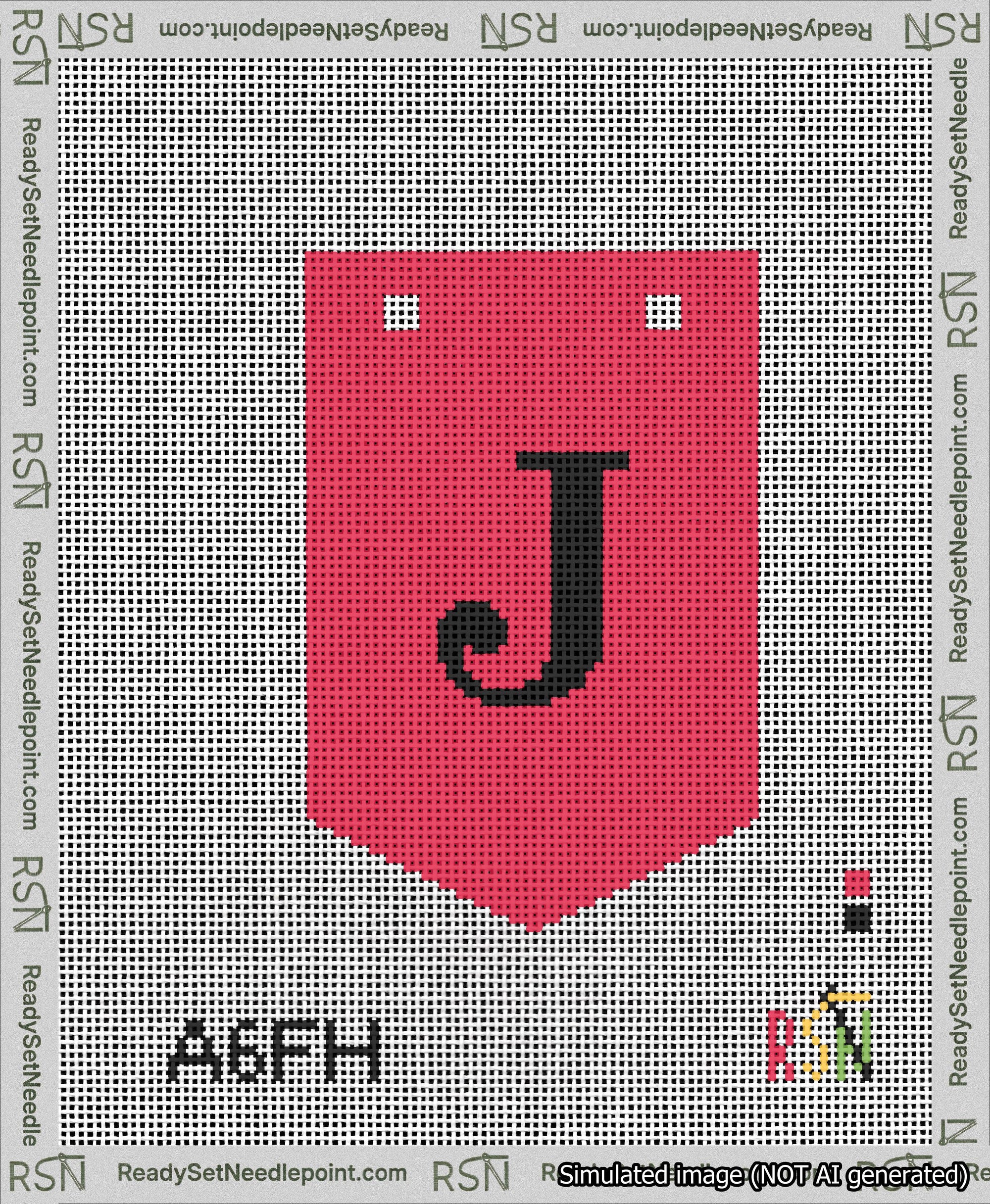 A taped needlepoint canvas with the design: Banner 13 mesh count Pointed J Black on Red.