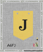 A taped needlepoint canvas with the design: Banner 13 mesh count Pointed J Black on Yellow.