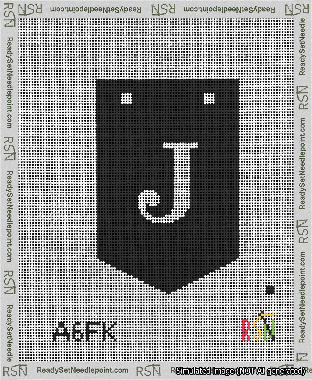 A taped needlepoint canvas with the design: Banner 13 mesh count Pointed J White on Black.