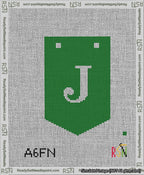 A taped needlepoint canvas with the design: Banner 13 mesh count Pointed J White on Green.