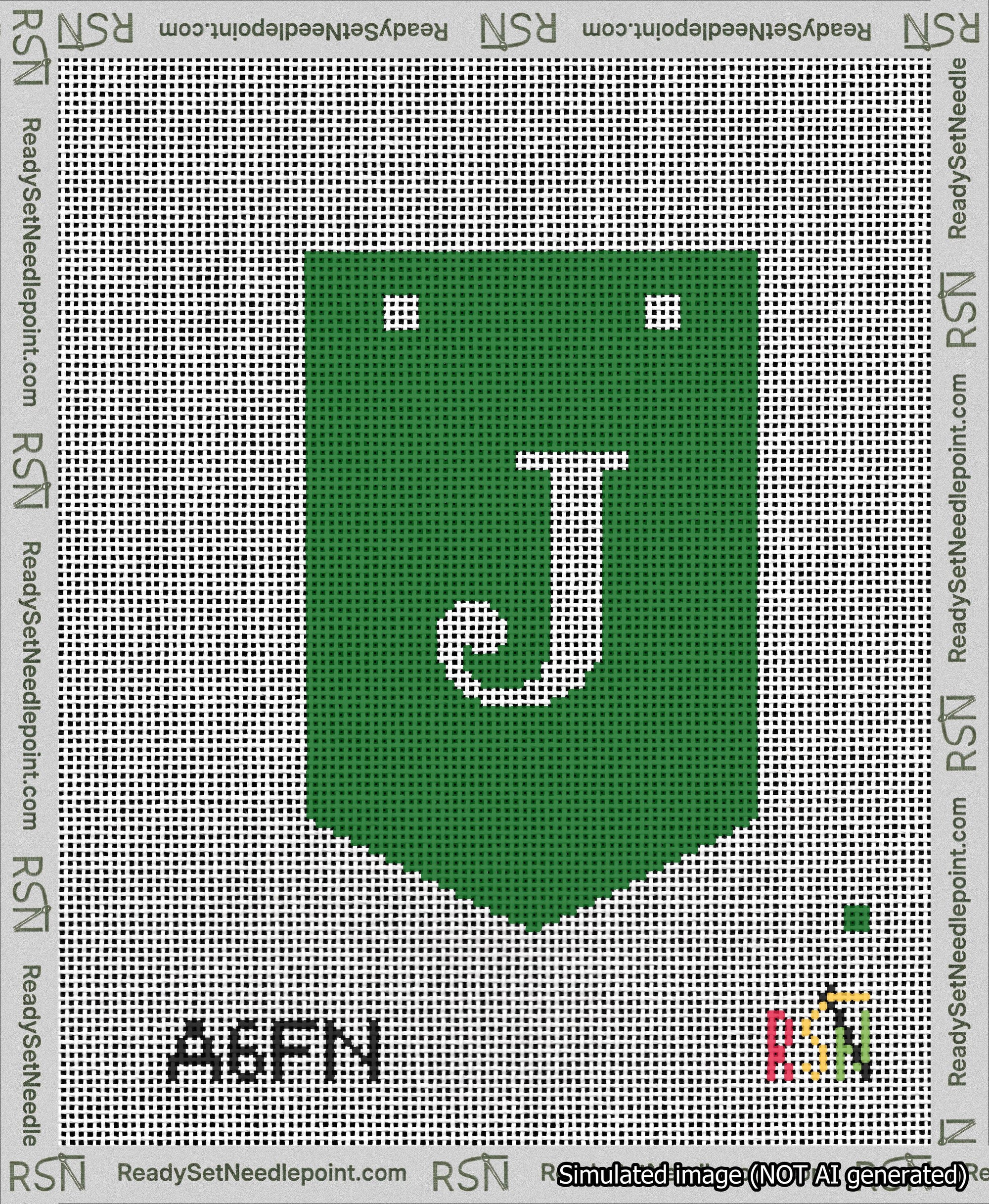 A taped needlepoint canvas with the design: Banner 13 mesh count Pointed J White on Green.