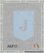 A taped needlepoint canvas with the design: Banner 13 mesh count Pointed J White on Light Blue.