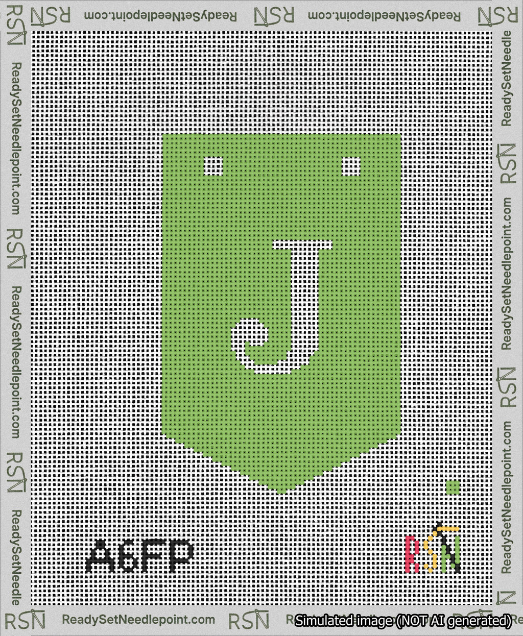 A taped needlepoint canvas with the design: Banner 13 mesh count Pointed J White on Light Green.