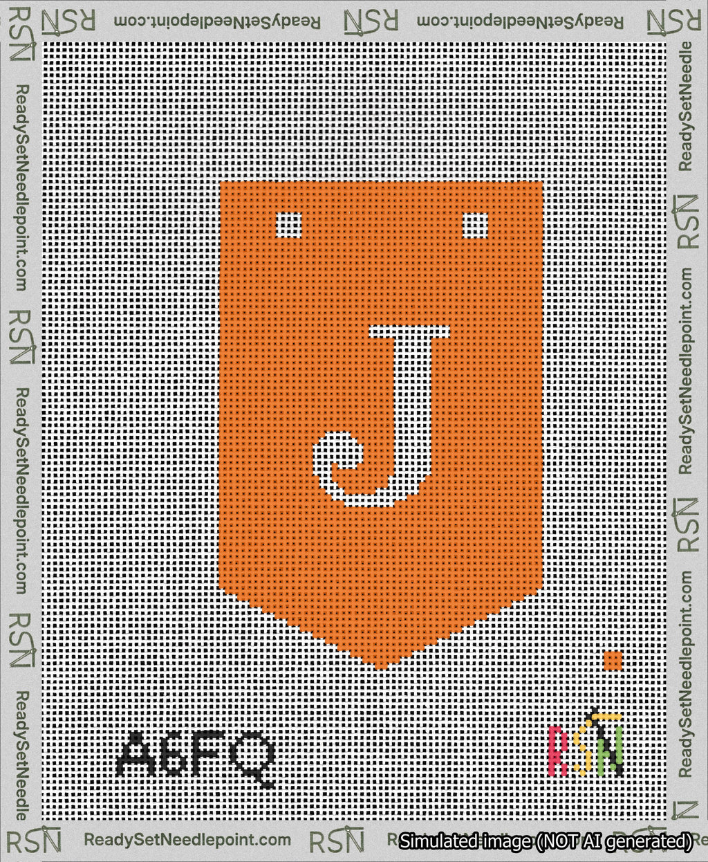 A taped needlepoint canvas with the design: Banner 13 mesh count Pointed J White on Orange.