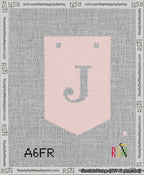 A taped needlepoint canvas with the design: Banner 13 mesh count Pointed J White on Pink.