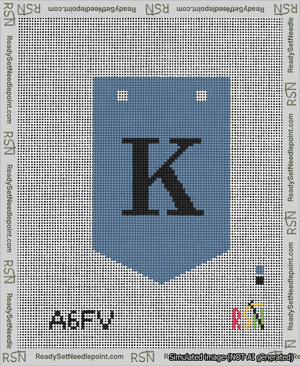 A taped needlepoint canvas with the design: Banner 13 mesh count Pointed K Black on Blue.