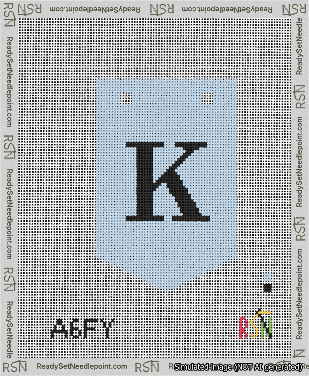A taped needlepoint canvas with the design: Banner 13 mesh count Pointed K Black on Light Blue.