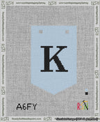 A taped needlepoint canvas with the design: Banner 13 mesh count Pointed K Black on Light Blue.