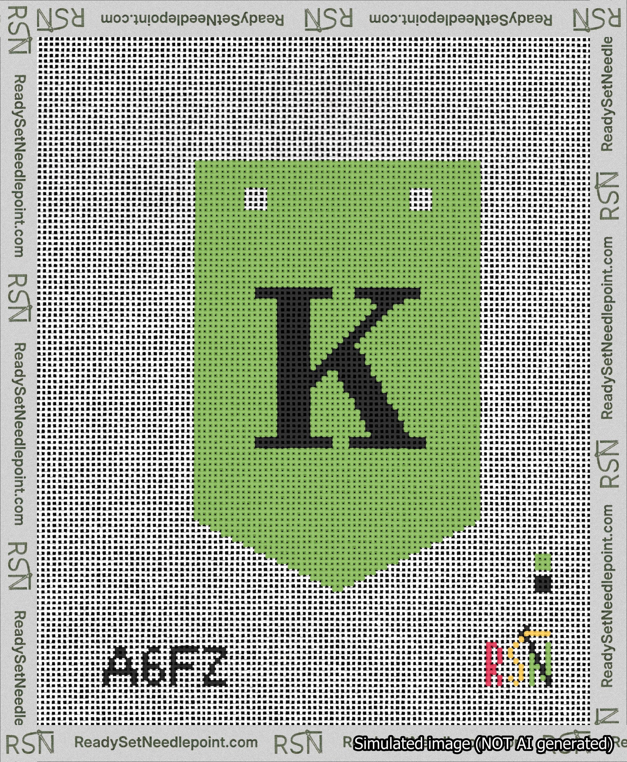 A taped needlepoint canvas with the design: Banner 13 mesh count Pointed K Black on Light Green.