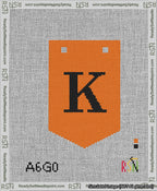 A taped needlepoint canvas with the design: Banner 13 mesh count Pointed K Black on Orange.