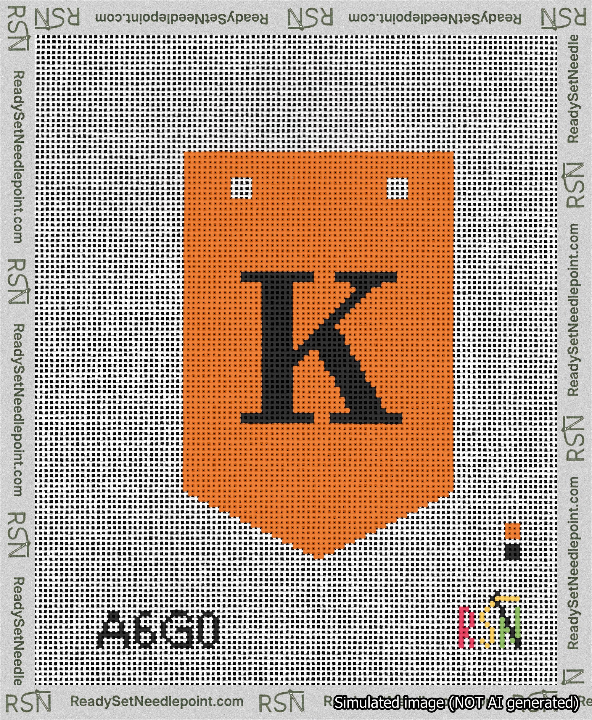 A taped needlepoint canvas with the design: Banner 13 mesh count Pointed K Black on Orange.