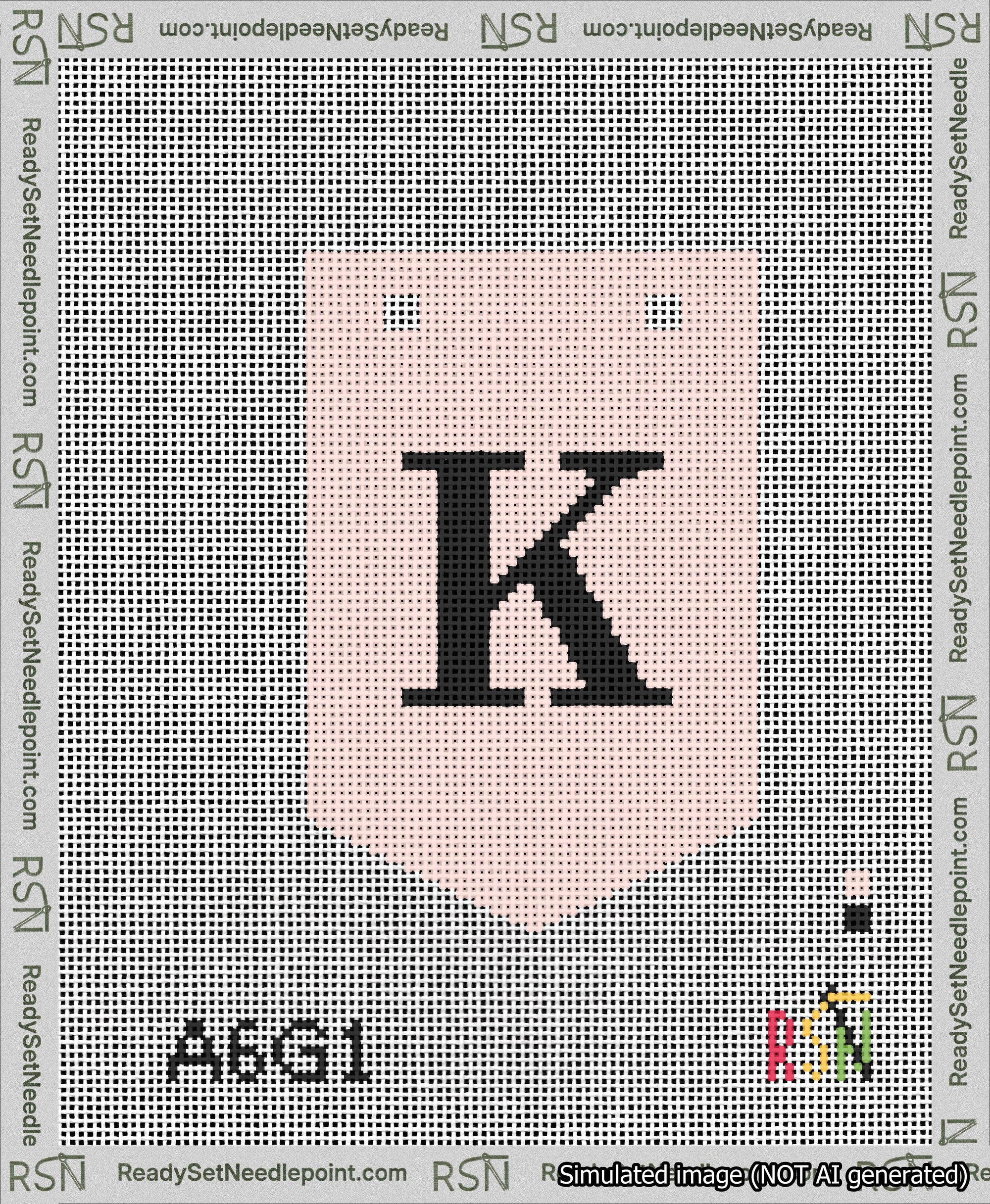 A taped needlepoint canvas with the design: Banner 13 mesh count Pointed K Black on Pink.