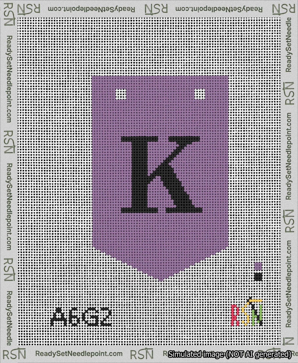 A taped needlepoint canvas with the design: Banner 13 mesh count Pointed K Black on Purple.