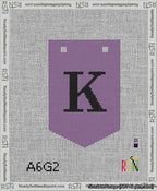 A taped needlepoint canvas with the design: Banner 13 mesh count Pointed K Black on Purple.