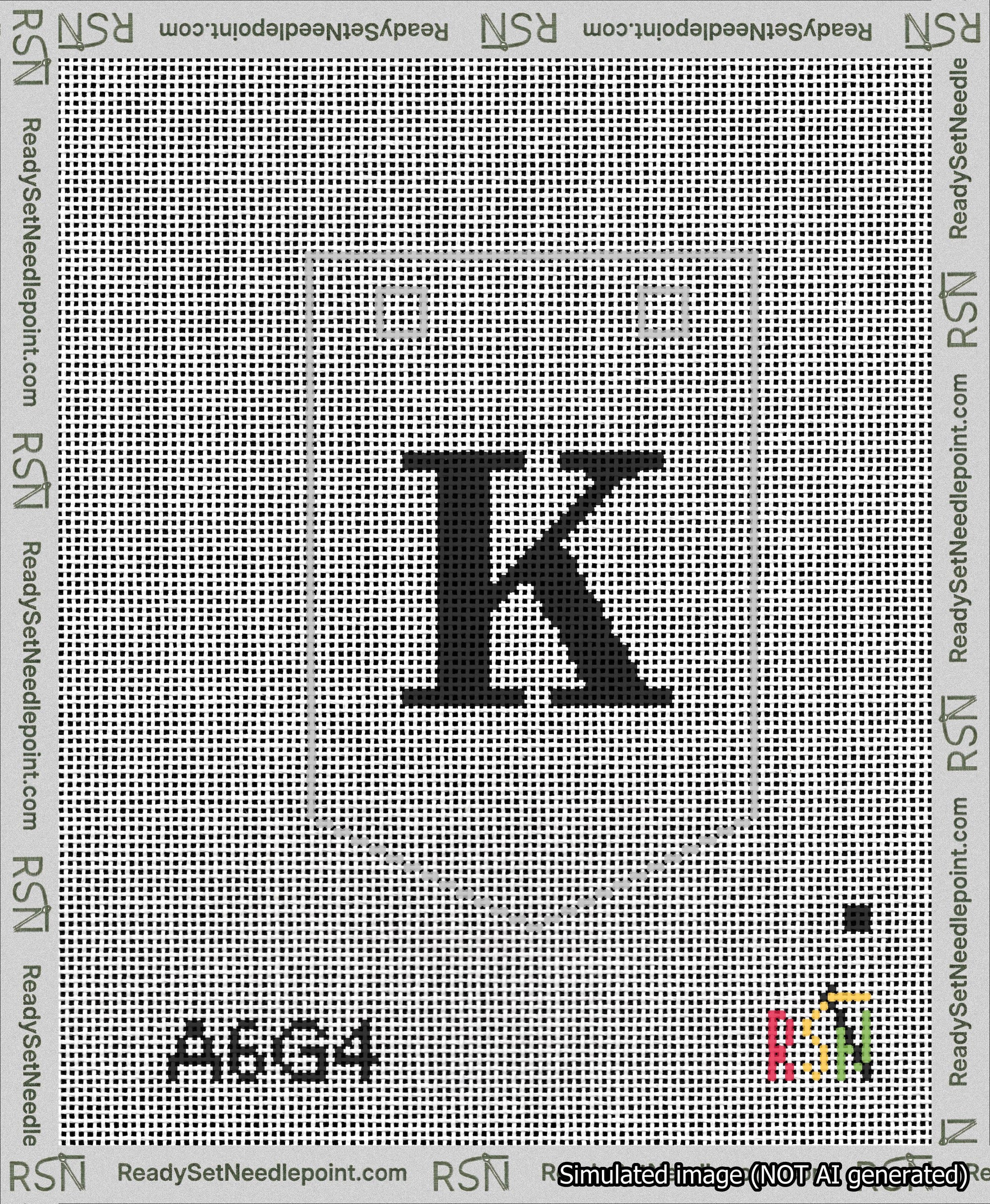 A taped needlepoint canvas with the design: Banner 13 mesh count Pointed K Black on White.