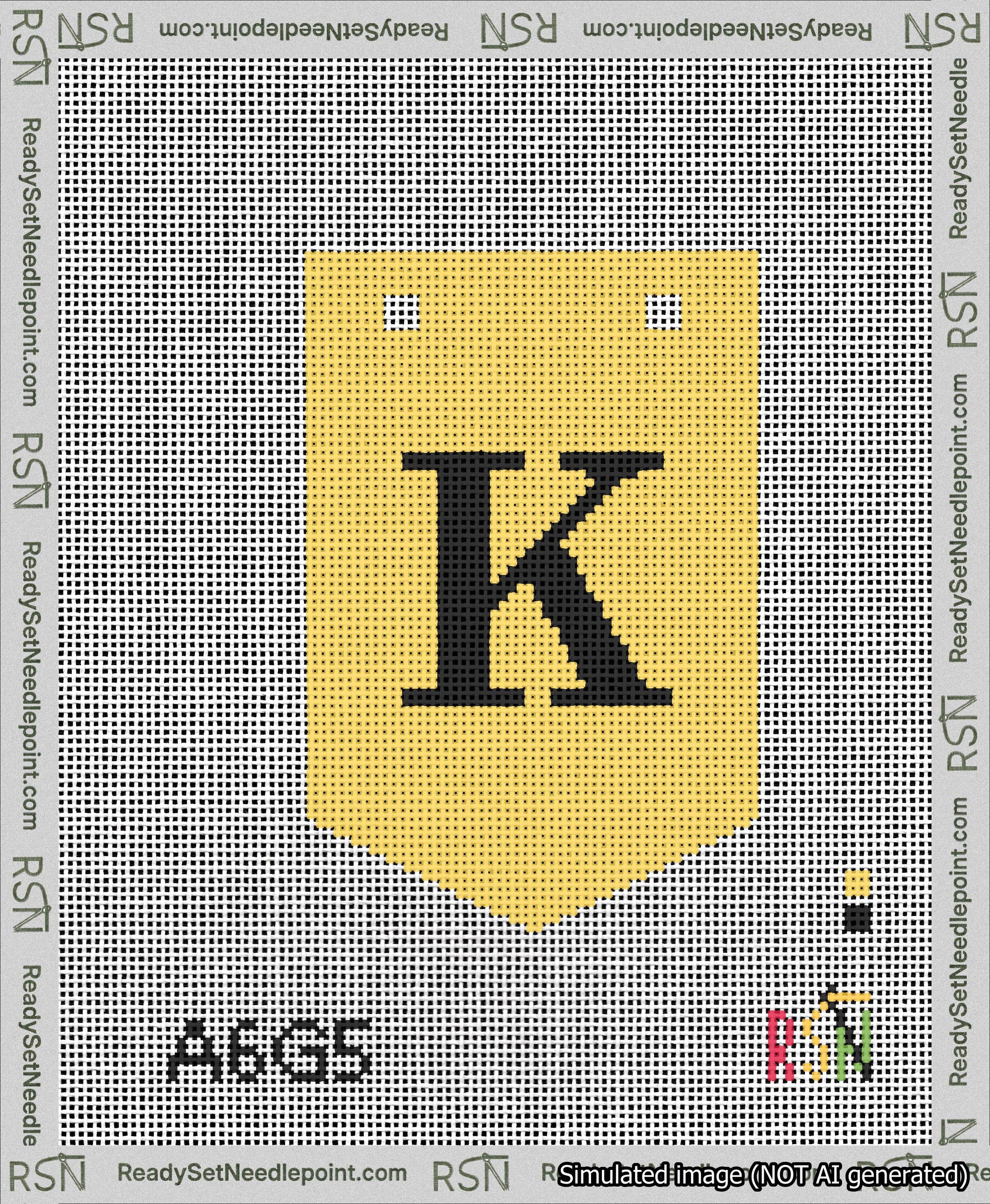 A taped needlepoint canvas with the design: Banner 13 mesh count Pointed K Black on Yellow.