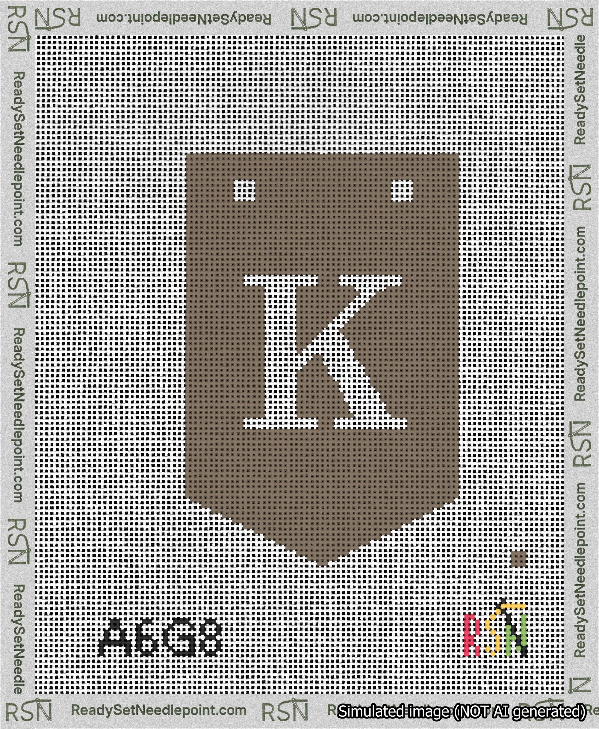 A taped needlepoint canvas with the design: Banner 13 mesh count Pointed K White on Brown.