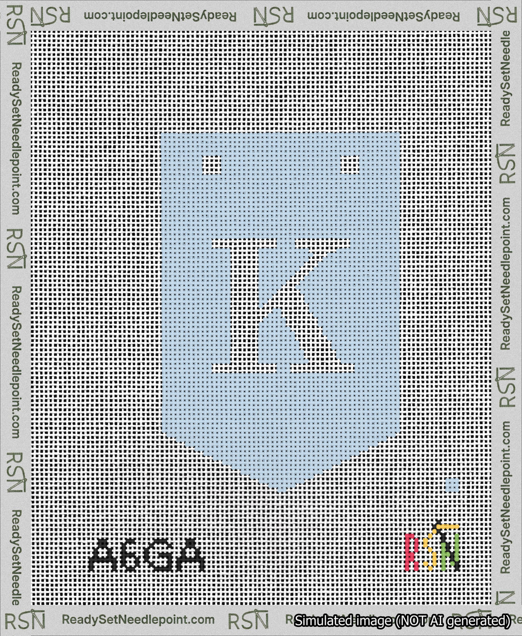 A taped needlepoint canvas with the design: Banner 13 mesh count Pointed K White on Light Blue.