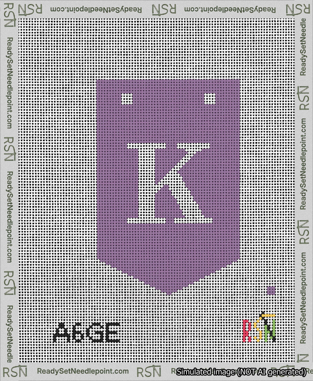 A taped needlepoint canvas with the design: Banner 13 mesh count Pointed K White on Purple.