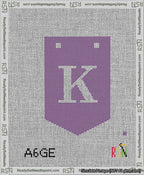 A taped needlepoint canvas with the design: Banner 13 mesh count Pointed K White on Purple.