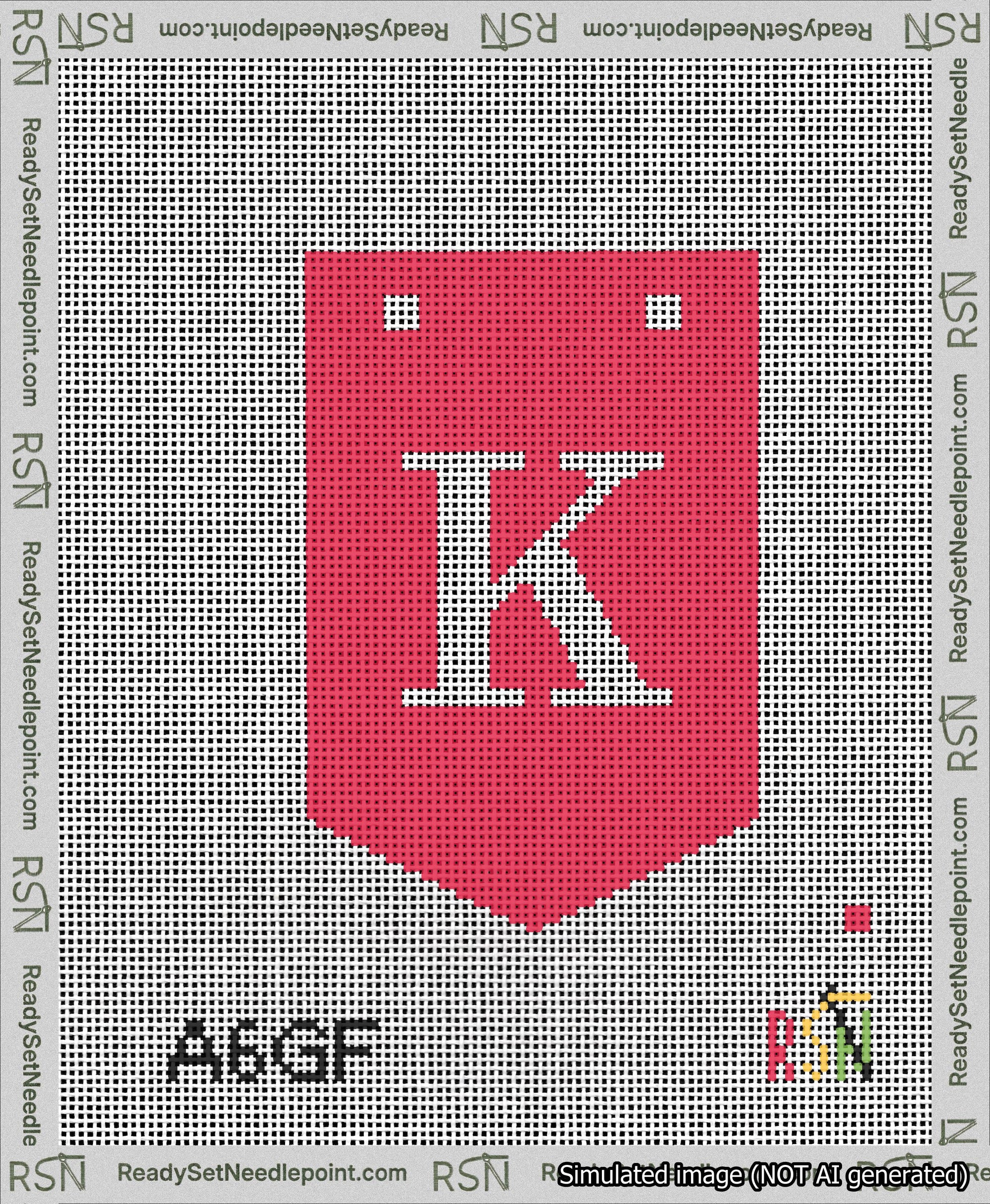 A taped needlepoint canvas with the design: Banner 13 mesh count Pointed K White on Red.