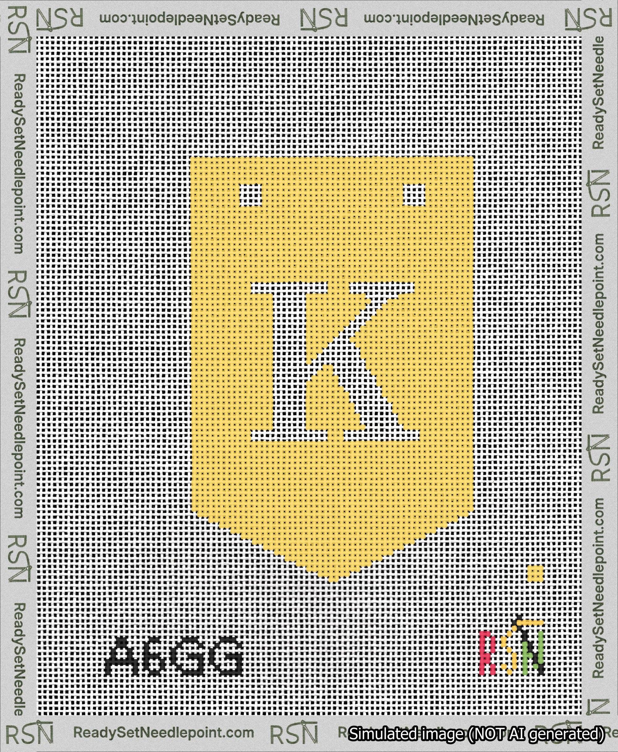 A taped needlepoint canvas with the design: Banner 13 mesh count Pointed K White on Yellow.
