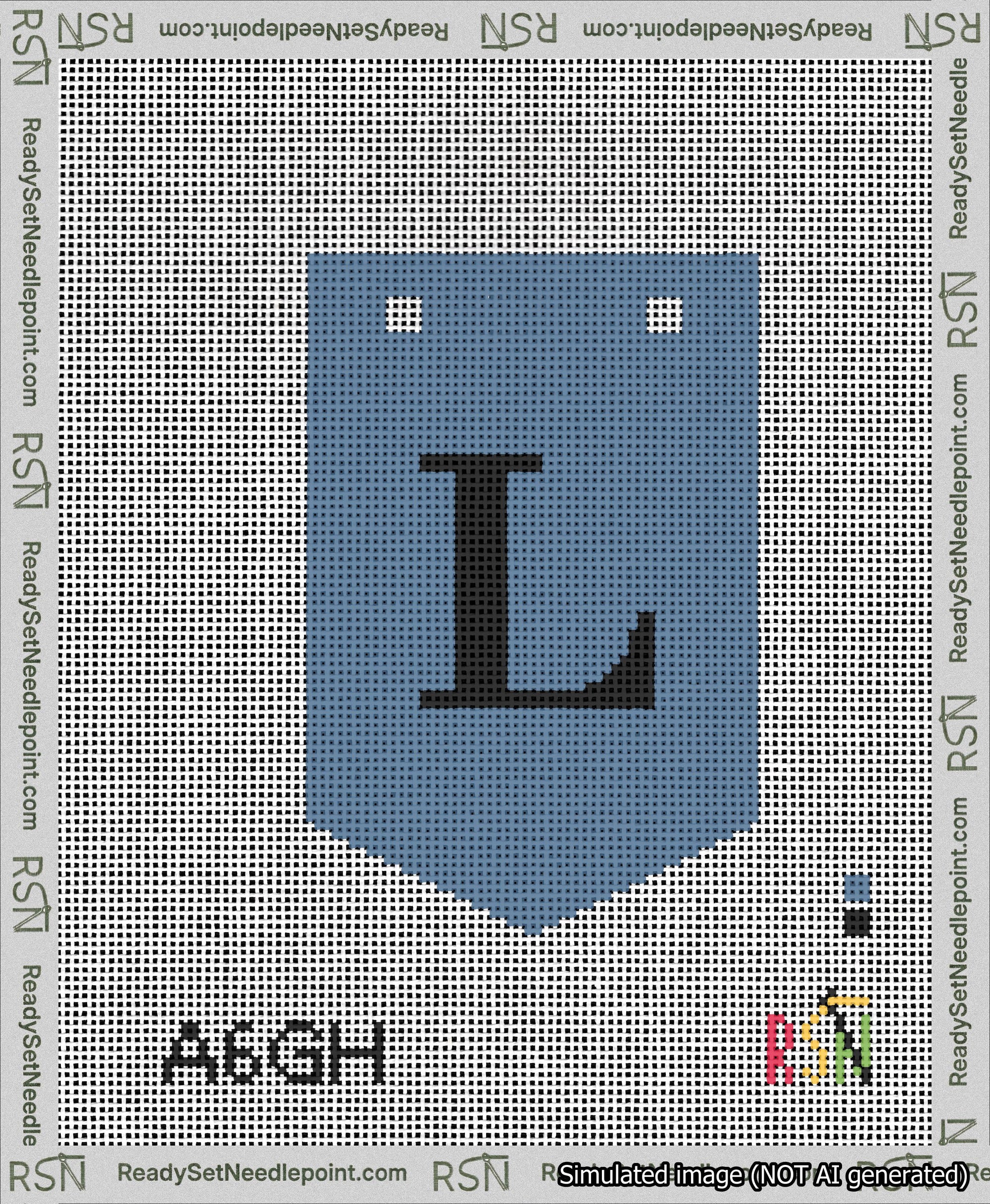 A taped needlepoint canvas with the design: Banner 13 mesh count Pointed L Black on Blue.