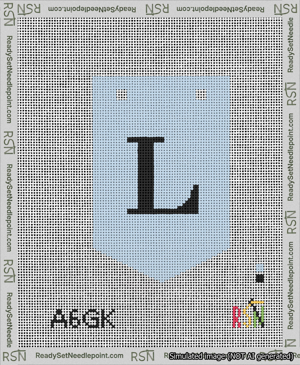 A taped needlepoint canvas with the design: Banner 13 mesh count Pointed L Black on Light Blue.
