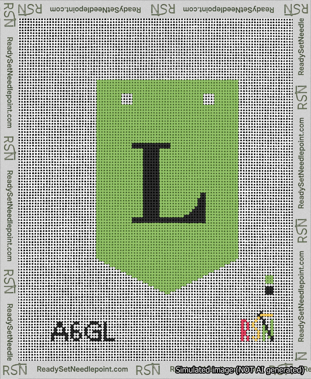 A taped needlepoint canvas with the design: Banner 13 mesh count Pointed L Black on Light Green.