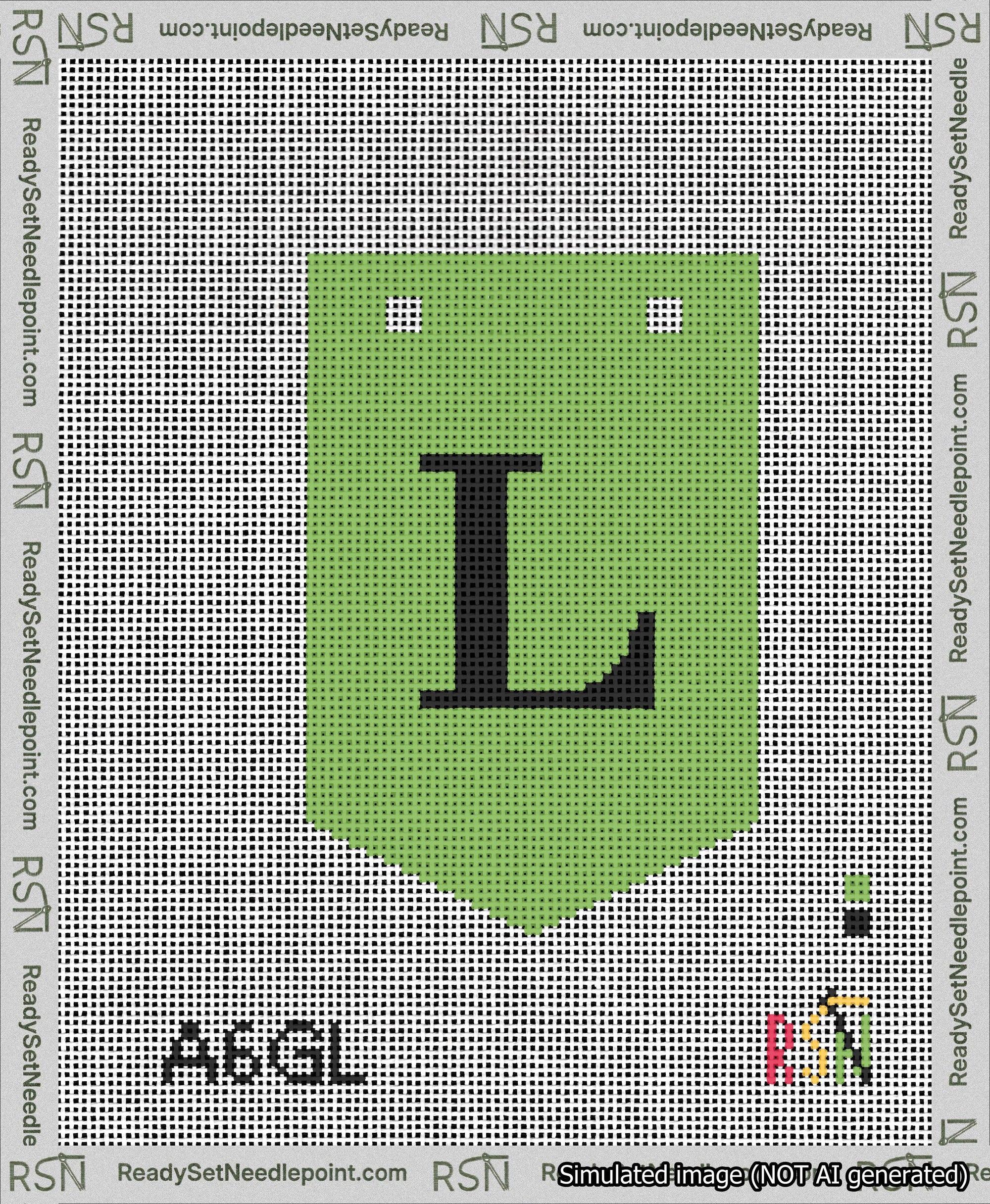 A taped needlepoint canvas with the design: Banner 13 mesh count Pointed L Black on Light Green.