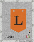 A taped needlepoint canvas with the design: Banner 13 mesh count Pointed L Black on Orange.
