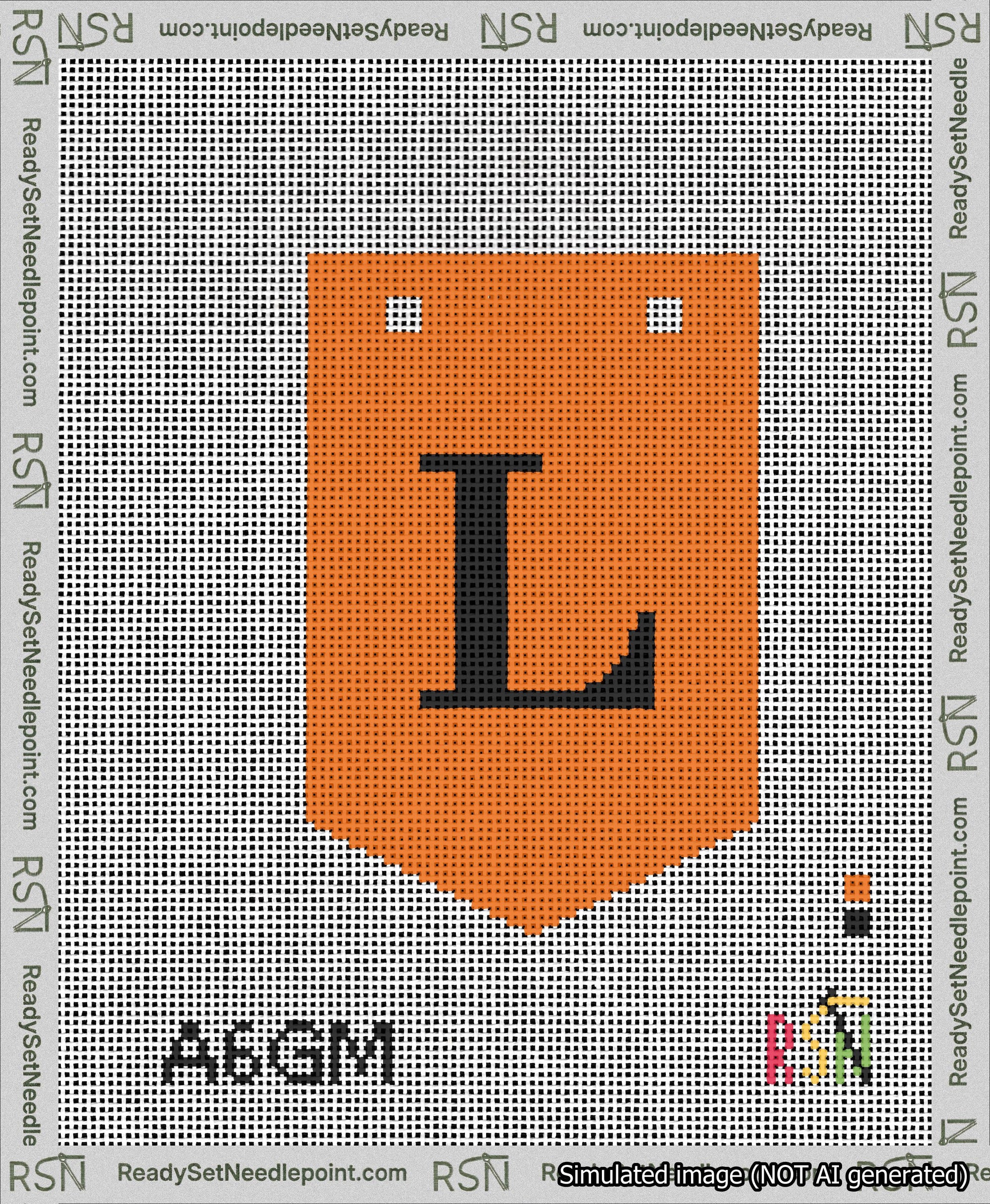 A taped needlepoint canvas with the design: Banner 13 mesh count Pointed L Black on Orange.