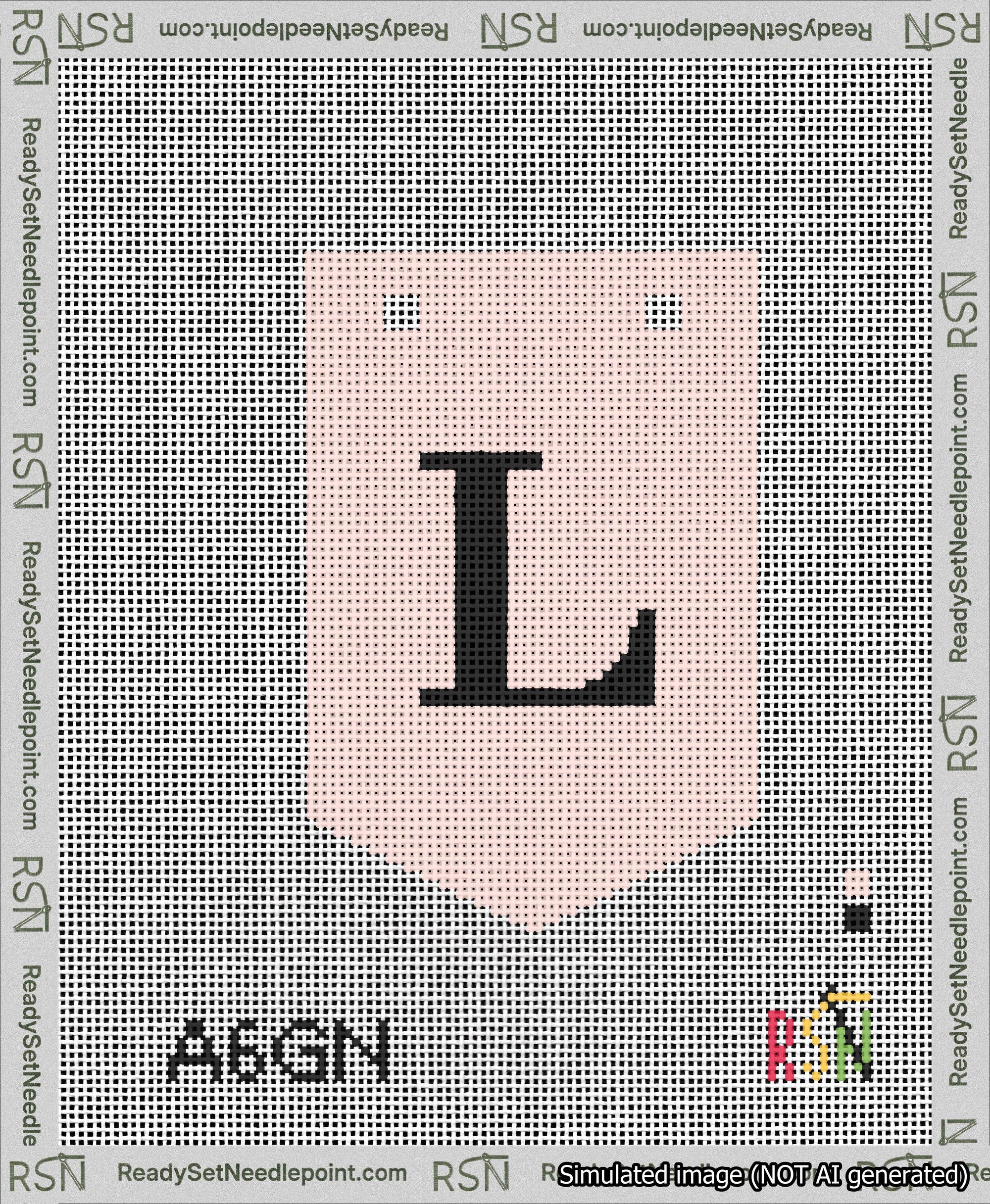 A taped needlepoint canvas with the design: Banner 13 mesh count Pointed L Black on Pink.