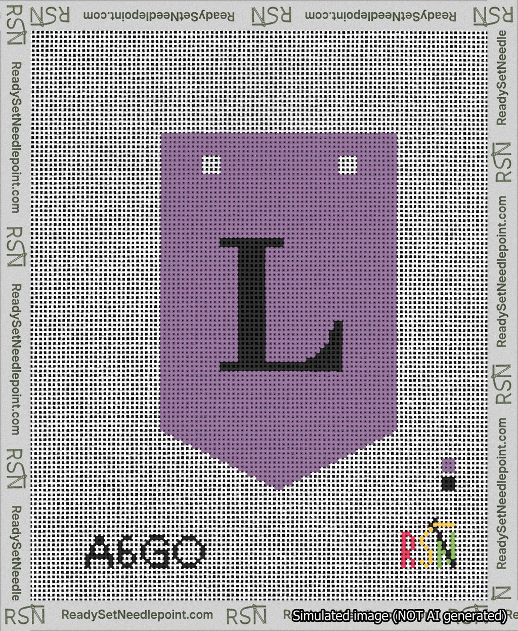 A taped needlepoint canvas with the design: Banner 13 mesh count Pointed L Black on Purple.