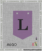 A taped needlepoint canvas with the design: Banner 13 mesh count Pointed L Black on Purple.