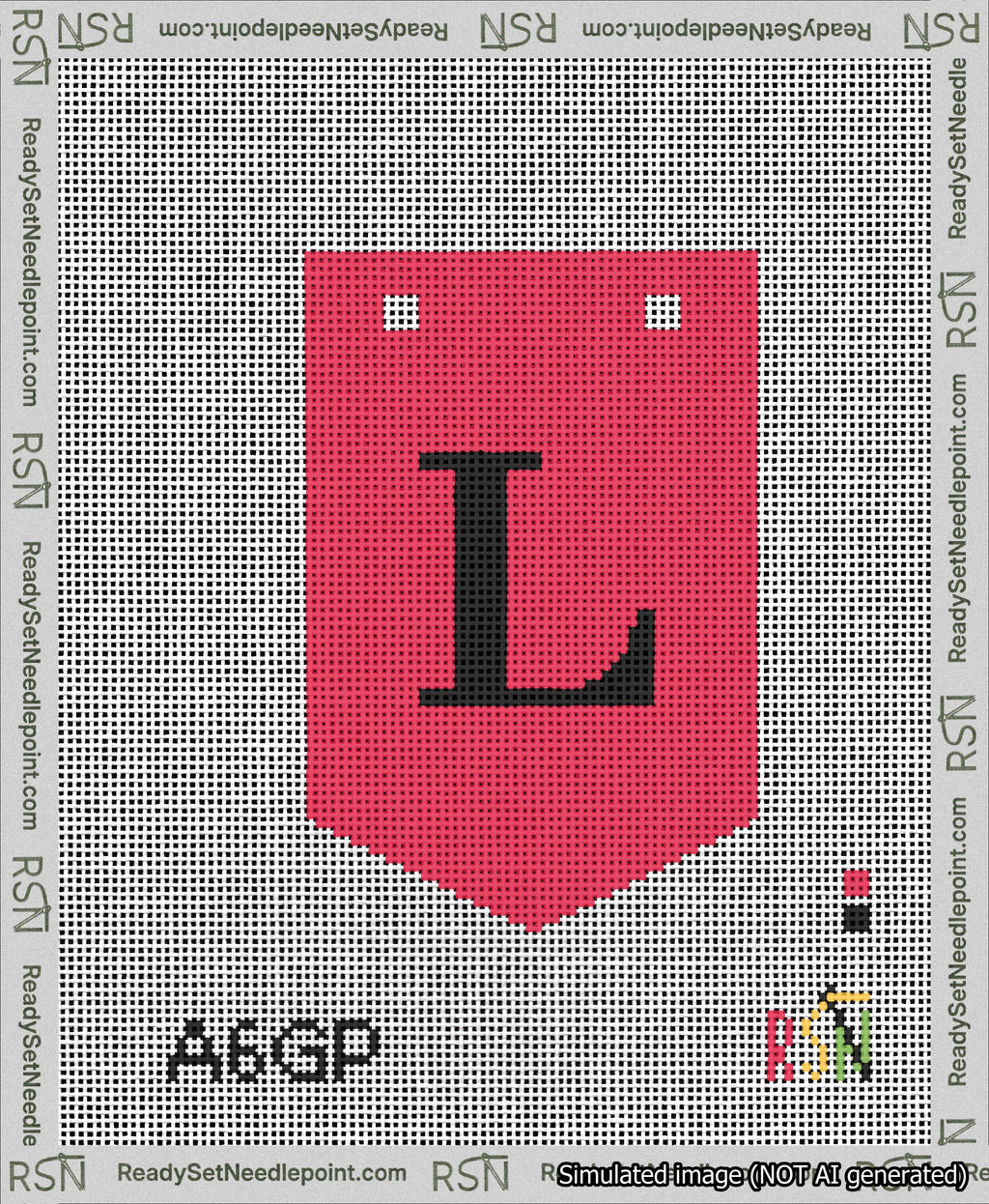 A taped needlepoint canvas with the design: Banner 13 mesh count Pointed L Black on Red.
