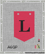 A taped needlepoint canvas with the design: Banner 13 mesh count Pointed L Black on Red.