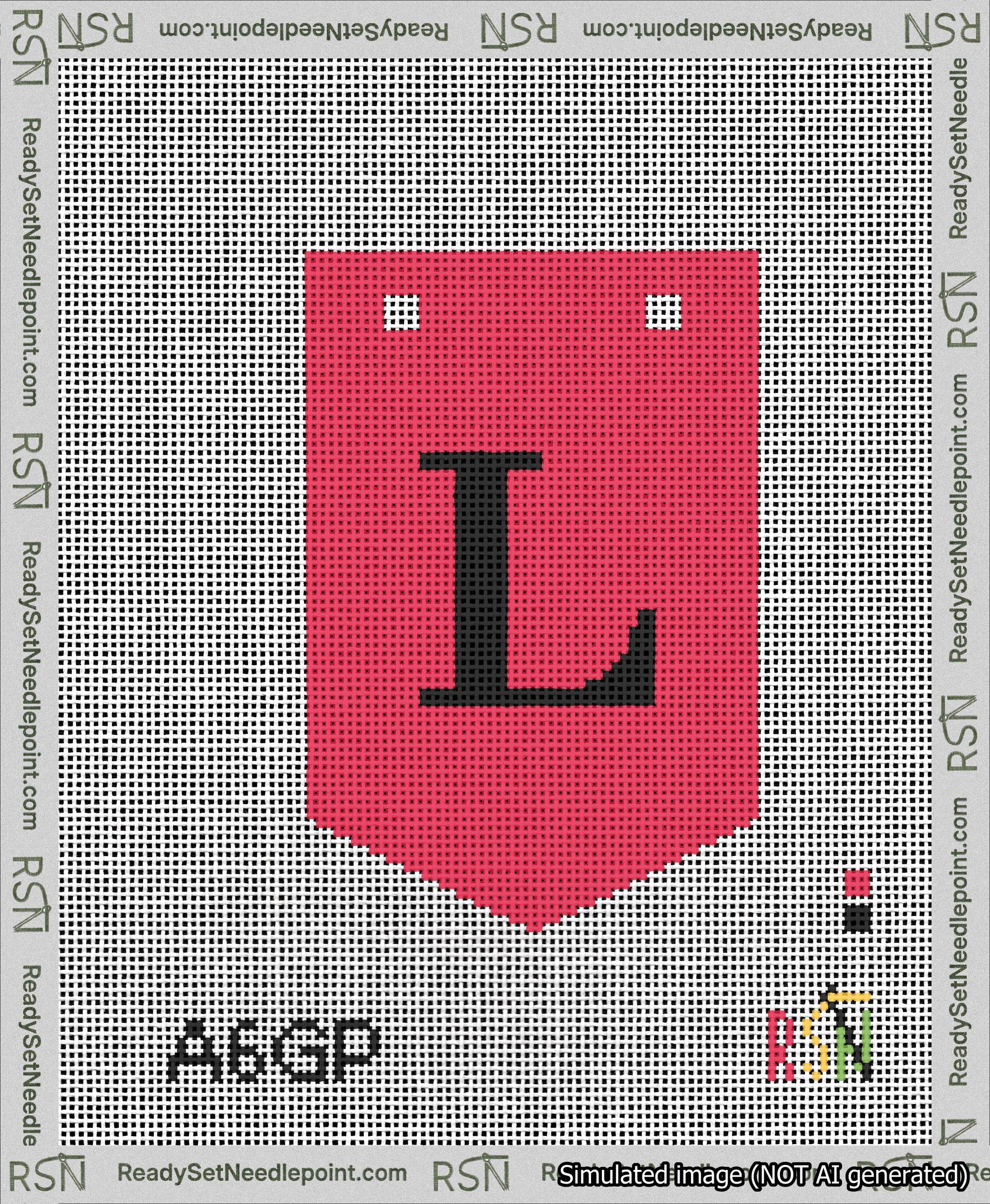 A taped needlepoint canvas with the design: Banner 13 mesh count Pointed L Black on Red.