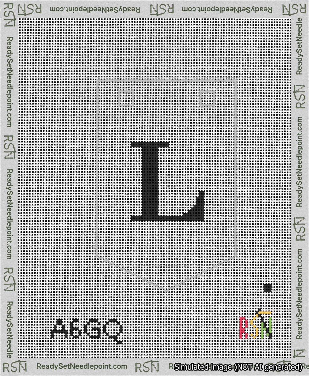 A taped needlepoint canvas with the design: Banner 13 mesh count Pointed L Black on White.