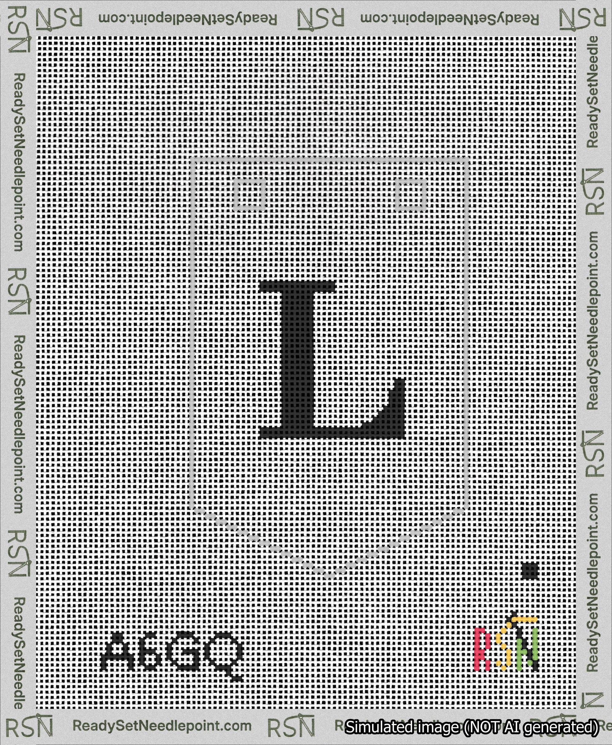 A taped needlepoint canvas with the design: Banner 13 mesh count Pointed L Black on White.