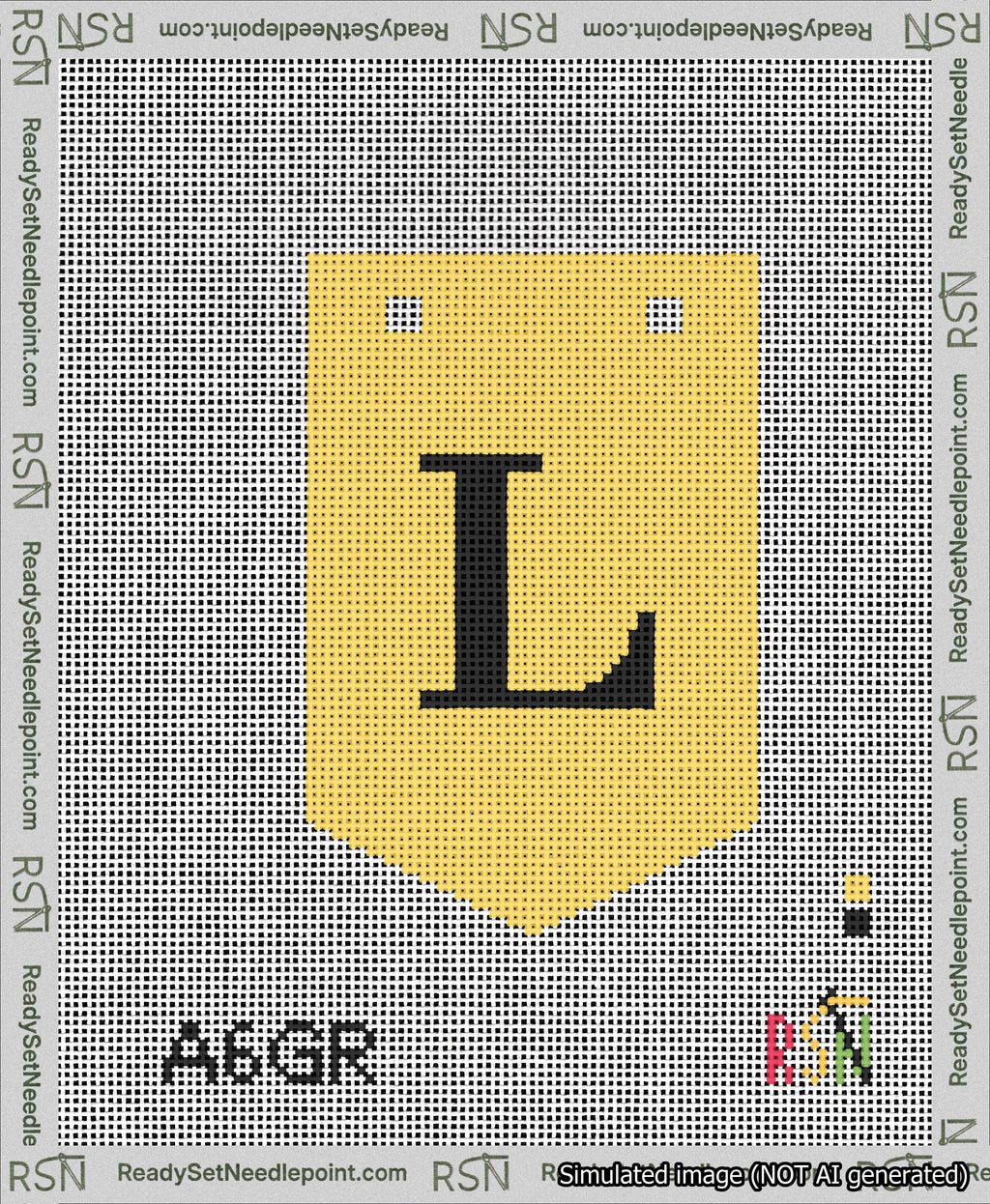 A taped needlepoint canvas with the design: Banner 13 mesh count Pointed L Black on Yellow.
