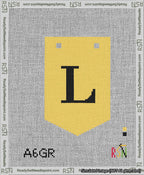 A taped needlepoint canvas with the design: Banner 13 mesh count Pointed L Black on Yellow.
