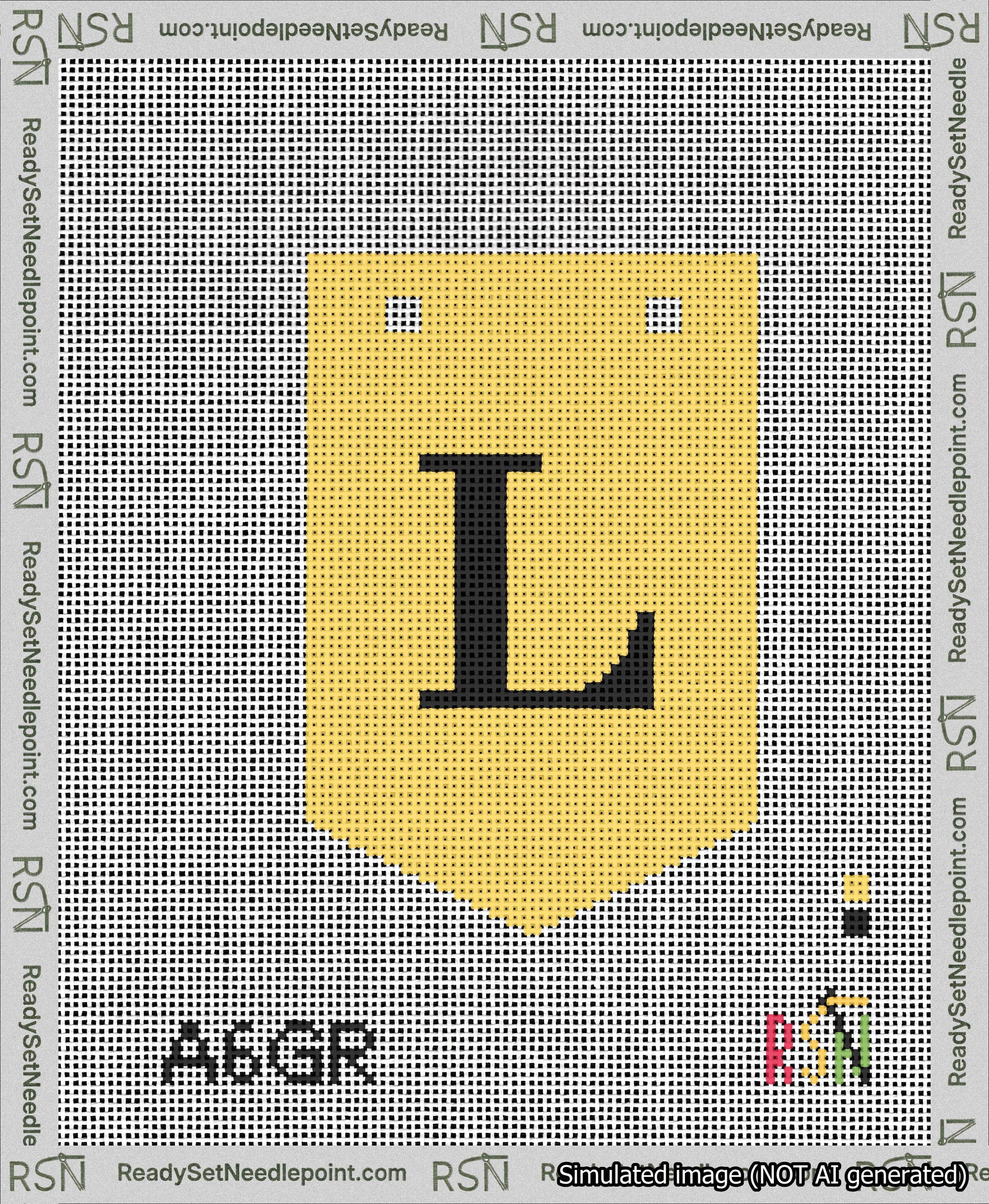 A taped needlepoint canvas with the design: Banner 13 mesh count Pointed L Black on Yellow.