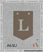 A taped needlepoint canvas with the design: Banner 13 mesh count Pointed L White on Brown.
