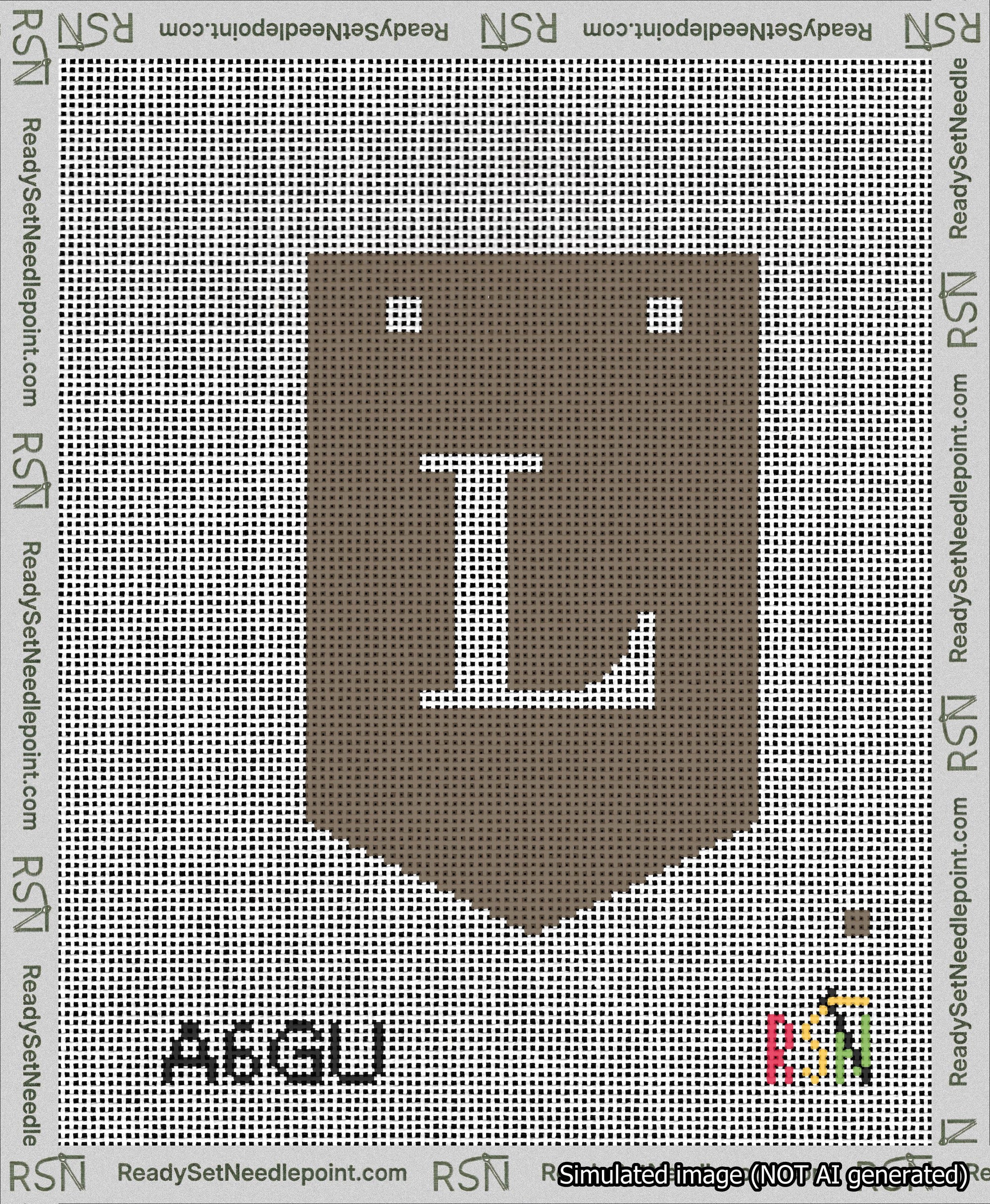 A taped needlepoint canvas with the design: Banner 13 mesh count Pointed L White on Brown.