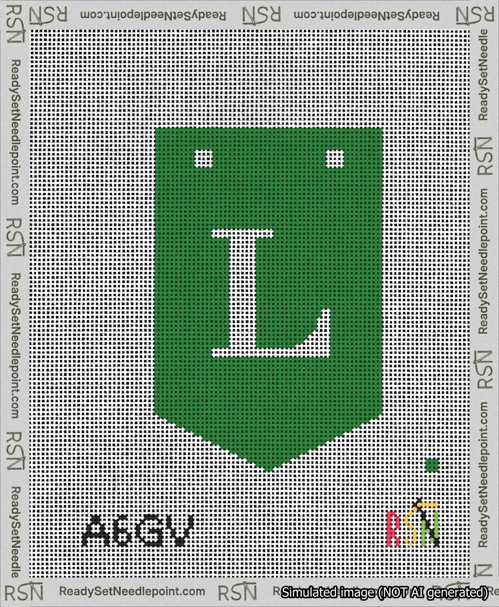 A taped needlepoint canvas with the design: Banner 13 mesh count Pointed L White on Green.